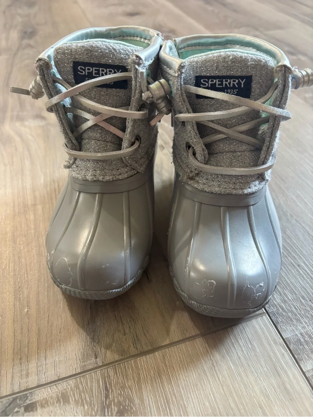 Sperry Kids Gray Waterproof Duck Boots with Cozy Gray Collar